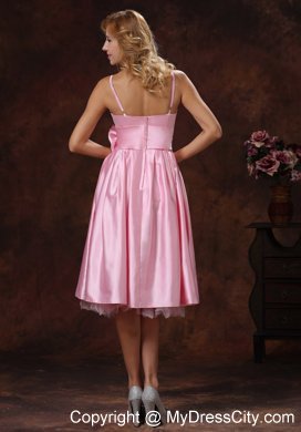 Baby Pink Spaghetti Straps Tea-length Bridesmaid Dress with Sash