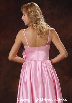 Baby Pink Spaghetti Straps Tea-length Bridesmaid Dress with Sash