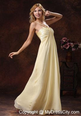 Light Yellow Straps Floor-length Ruched Bodice Bridesmaid Dress