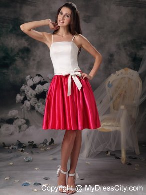 White and Hot Pink Spaghetti Straps Bodice Bowknot Bridesmaid Dress