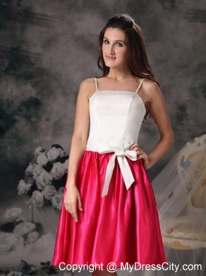 White and Hot Pink Spaghetti Straps Bodice Bowknot Bridesmaid Dress