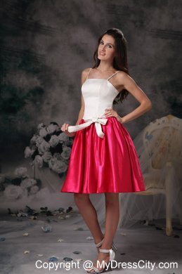 White and Hot Pink Spaghetti Straps Bodice Bowknot Bridesmaid Dress