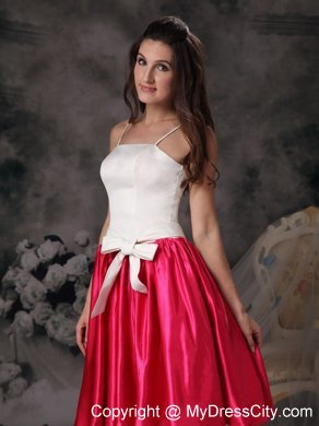 White and Hot Pink Spaghetti Straps Bodice Bowknot Bridesmaid Dress