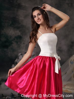 White and Hot Pink Spaghetti Straps Bodice Bowknot Bridesmaid Dress