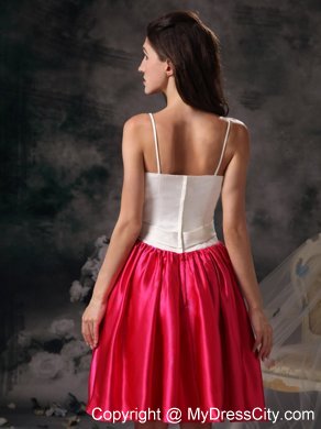 White and Hot Pink Spaghetti Straps Bodice Bowknot Bridesmaid Dress