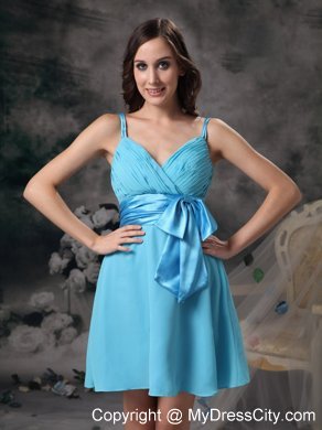 Short Straps Aqua Blue Dresses For Bridesmaid with Satin Bowknot