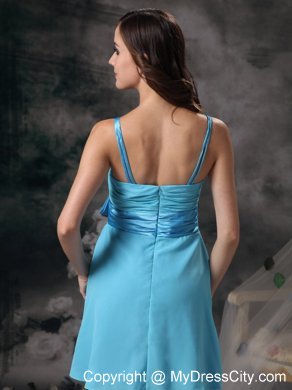 Short Straps Aqua Blue Dresses For Bridesmaid with Satin Bowknot