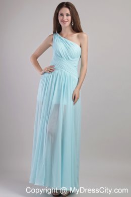 One Shoulder Ankle-length Ruching Bridesmaid Dress in Light Blue