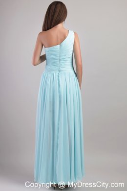 One Shoulder Ankle-length Ruching Bridesmaid Dress in Light Blue