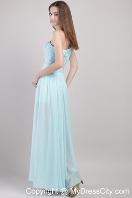 One Shoulder Ankle-length Ruching Bridesmaid Dress in Light Blue