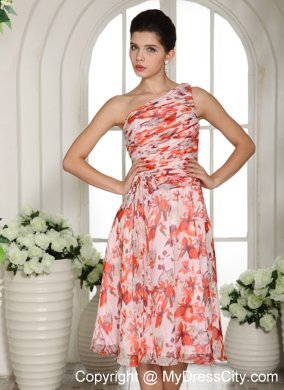 Tea-length Ruched Printing Prom Dress with Single Shoulder