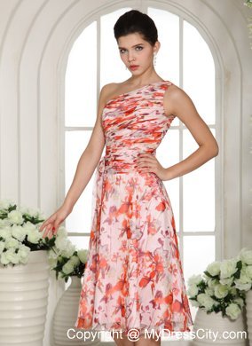 Tea-length Ruched Printing Prom Dress with Single Shoulder