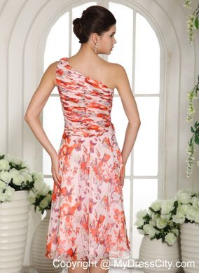 Tea-length Ruched Printing Prom Dress with Single Shoulder