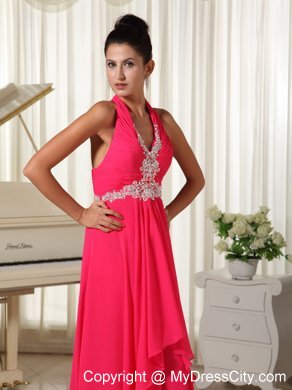 Empire Chiffon Halter Appliques Zipper-up Coral Red Prom Dress