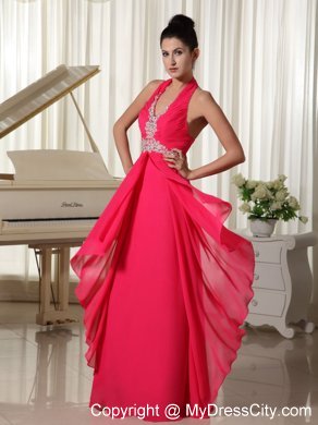 Empire Chiffon Halter Appliques Zipper-up Coral Red Prom Dress