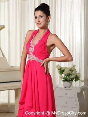 Empire Chiffon Halter Appliques Zipper-up Coral Red Prom Dress