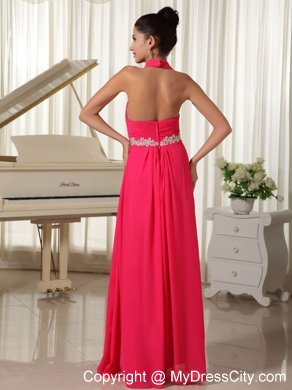 Empire Chiffon Halter Appliques Zipper-up Coral Red Prom Dress