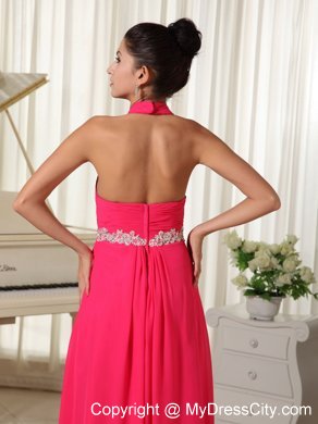 Empire Chiffon Halter Appliques Zipper-up Coral Red Prom Dress