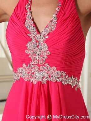 Empire Chiffon Halter Appliques Zipper-up Coral Red Prom Dress