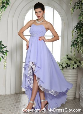 Lilac High-low Beaded Decorate Waist Chiffon and Lace Prom Dress