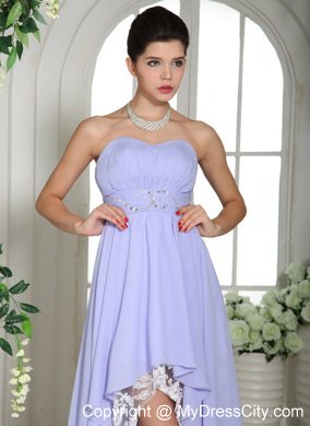 Lilac High-low Beaded Decorate Waist Chiffon and Lace Prom Dress