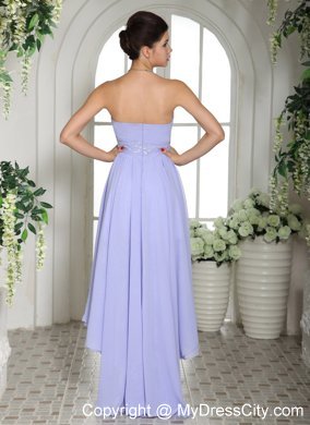 Lilac High-low Beaded Decorate Waist Chiffon and Lace Prom Dress