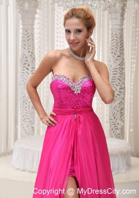 High-Low Beading and Sequins Sweetheart Hot Pink Prom Dress