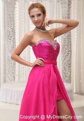 High-Low Beading and Sequins Sweetheart Hot Pink Prom Dress