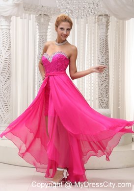 High-Low Beading and Sequins Sweetheart Hot Pink Prom Dress