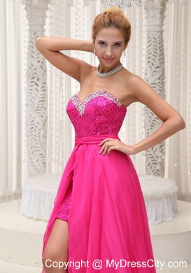 High-Low Beading and Sequins Sweetheart Hot Pink Prom Dress