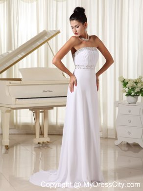 White Strapless Brush Train Zipper Up Back Long Prom Dress