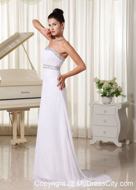 White Strapless Brush Train Zipper Up Back Long Prom Dress