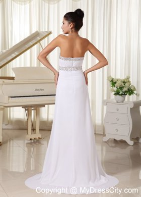 White Strapless Brush Train Zipper Up Back Long Prom Dress