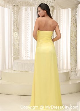 Ruched Beading High Slit Yellow Prom Gown with Side Zipper