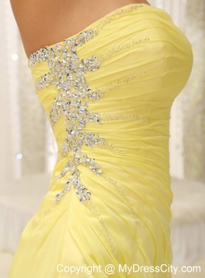 Ruched Beading High Slit Yellow Prom Gown with Side Zipper