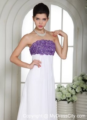 Chiffon Strapless Beading Flower Decorate 2013 White Prom Dress