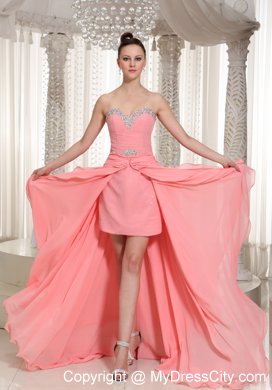 Beaded Decorate High-low Chiffon Watermelon Pink Prom Dress