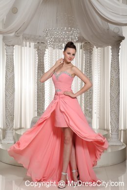 Beaded Decorate High-low Chiffon Watermelon Pink Prom Dress