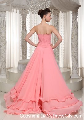 Beaded Decorate High-low Chiffon Watermelon Pink Prom Dress