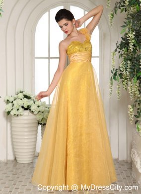 One Shoulder Hand Flowers Strap Sequined Light Yellow Prom Dress