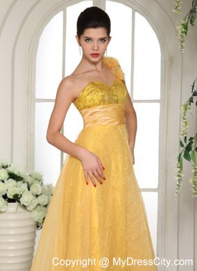 One Shoulder Hand Flowers Strap Sequined Light Yellow Prom Dress