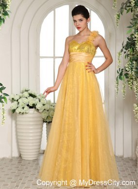 One Shoulder Hand Flowers Strap Sequined Light Yellow Prom Dress