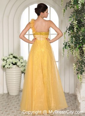 One Shoulder Hand Flowers Strap Sequined Light Yellow Prom Dress