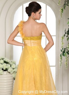 One Shoulder Hand Flowers Strap Sequined Light Yellow Prom Dress