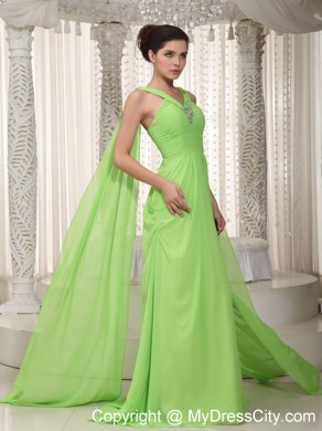 V-neck Watteau Train Chiffon Beading Spring Green Prom Gown