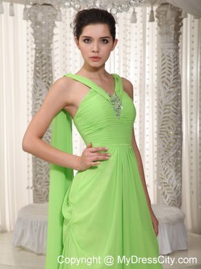 V-neck Watteau Train Chiffon Beading Spring Green Prom Gown