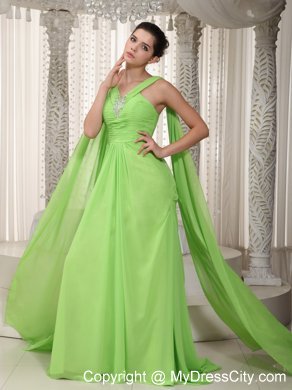 V-neck Watteau Train Chiffon Beading Spring Green Prom Gown