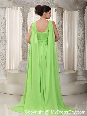 V-neck Watteau Train Chiffon Beading Spring Green Prom Gown