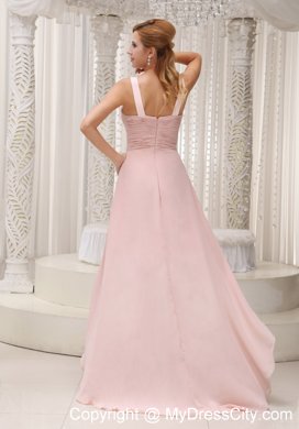 Ruched High-low Bowknot Chiffon Pink Prom Dress with Train