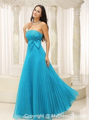 Beading Teal Pleated Prom Evening Dress With Bowknot